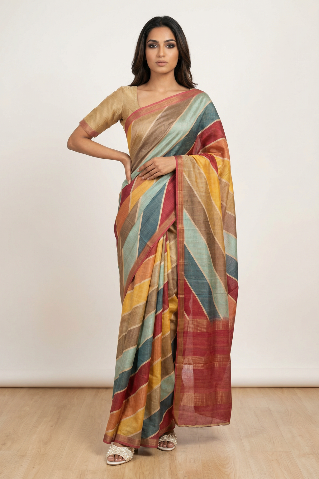 Multicolor Tussar Silk Saree with Diagonal Stripe Print