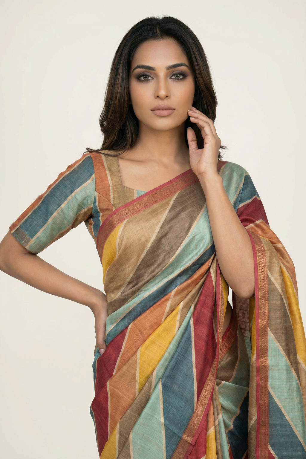 Multicolor Tussar Silk Saree with Diagonal Stripe Print