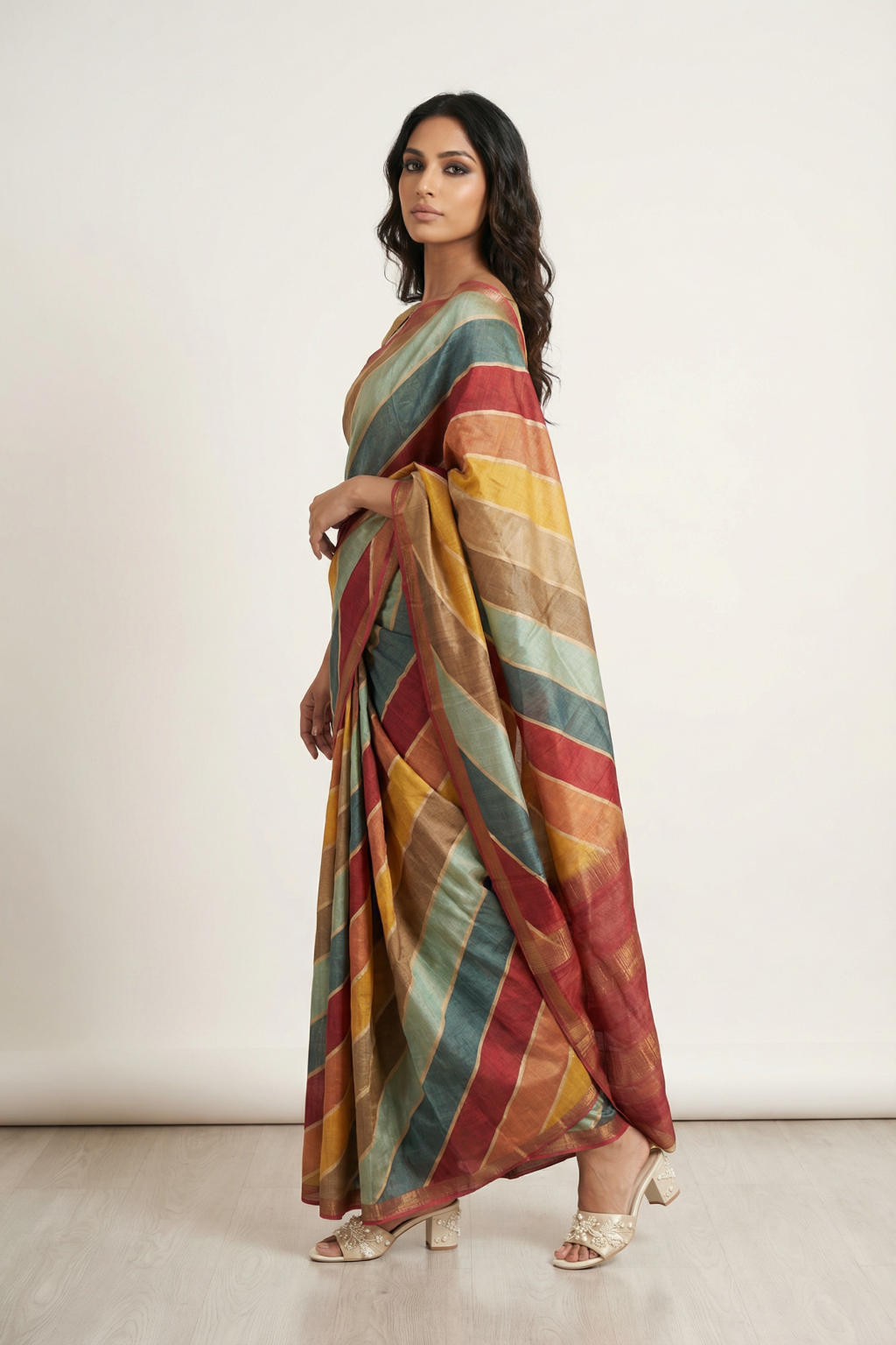 Multicolor Tussar Silk Saree with Diagonal Stripe Print