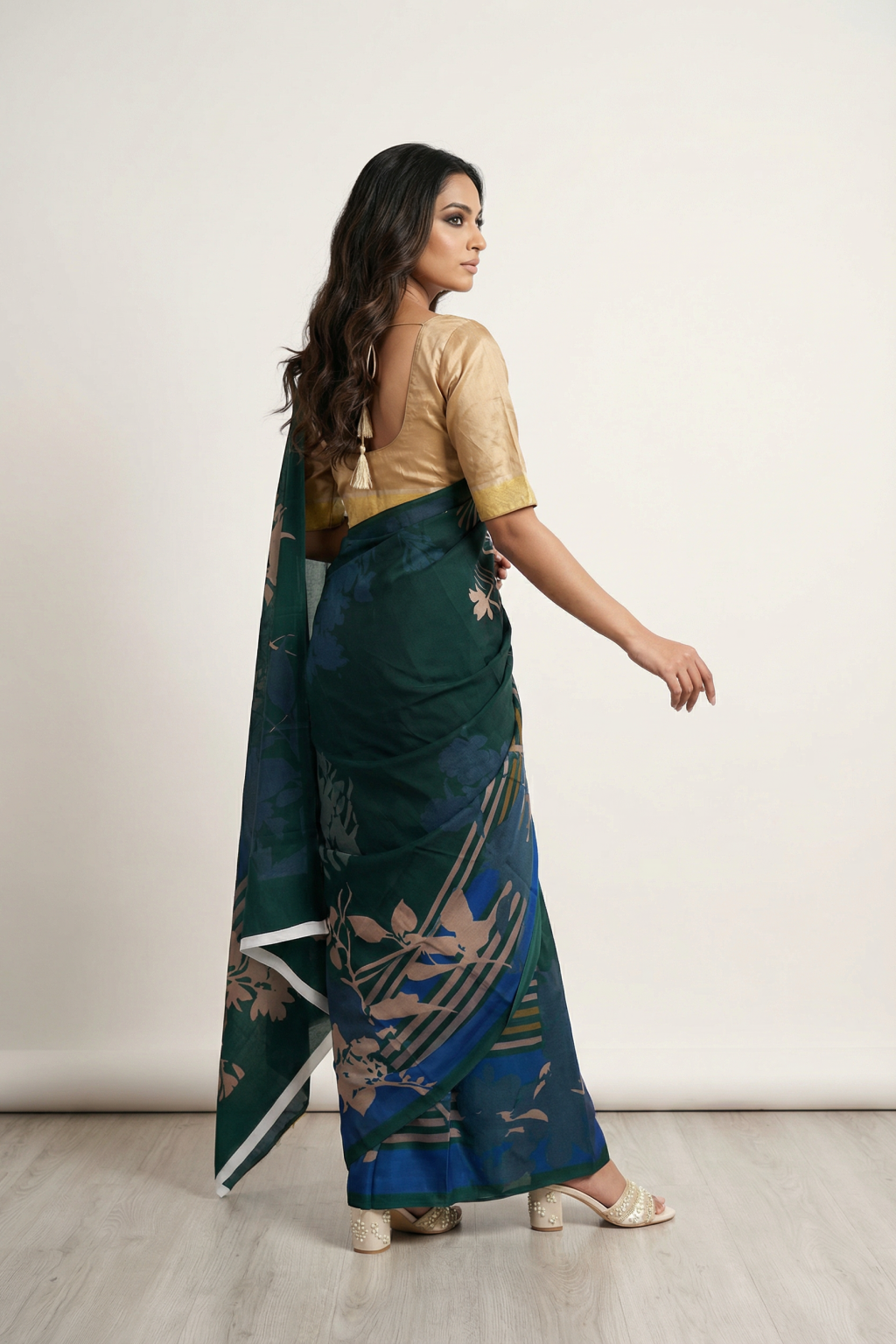Green Crepe Silk Saree with All-Over Floral Print