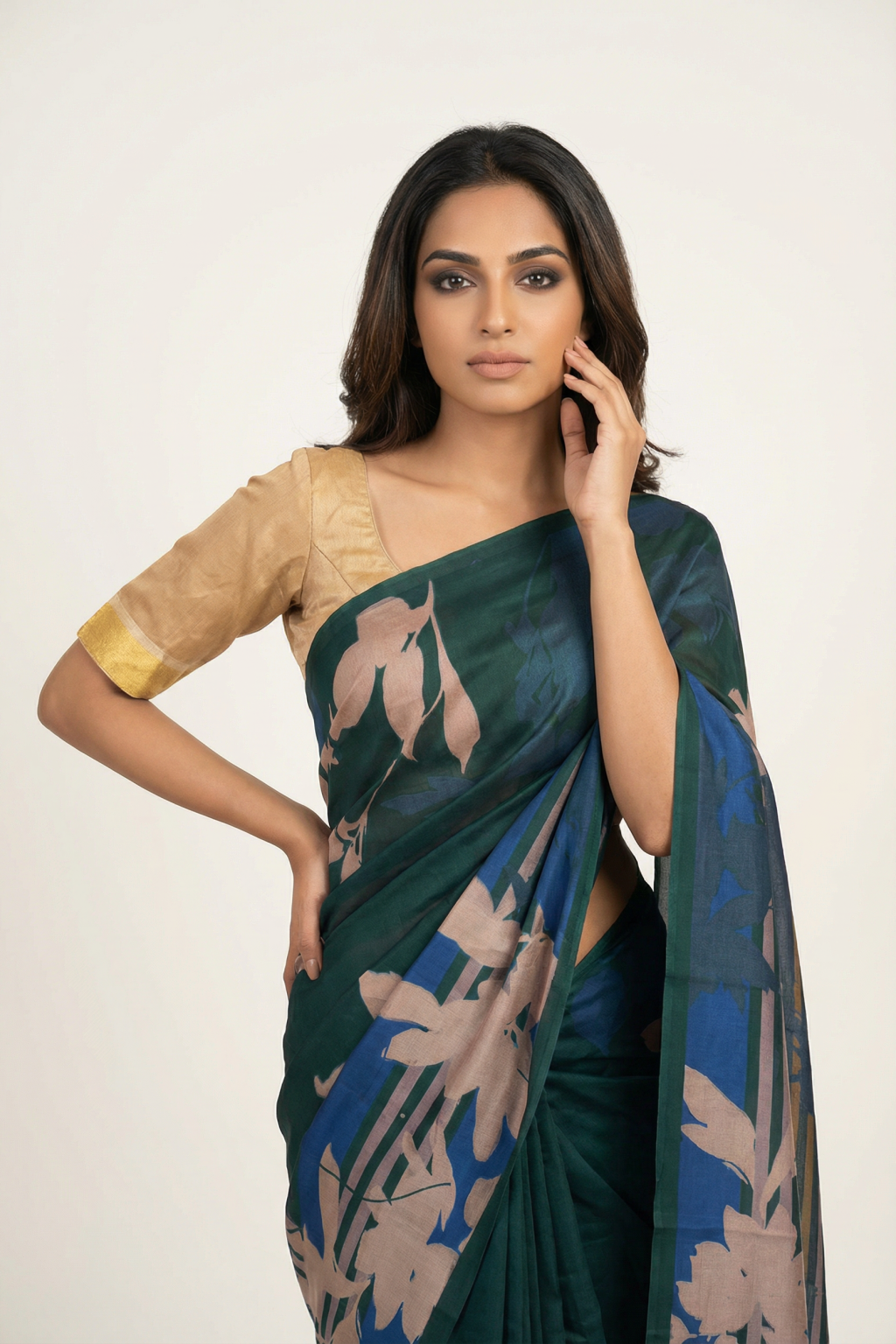 Green Crepe Silk Saree with All-Over Floral Print