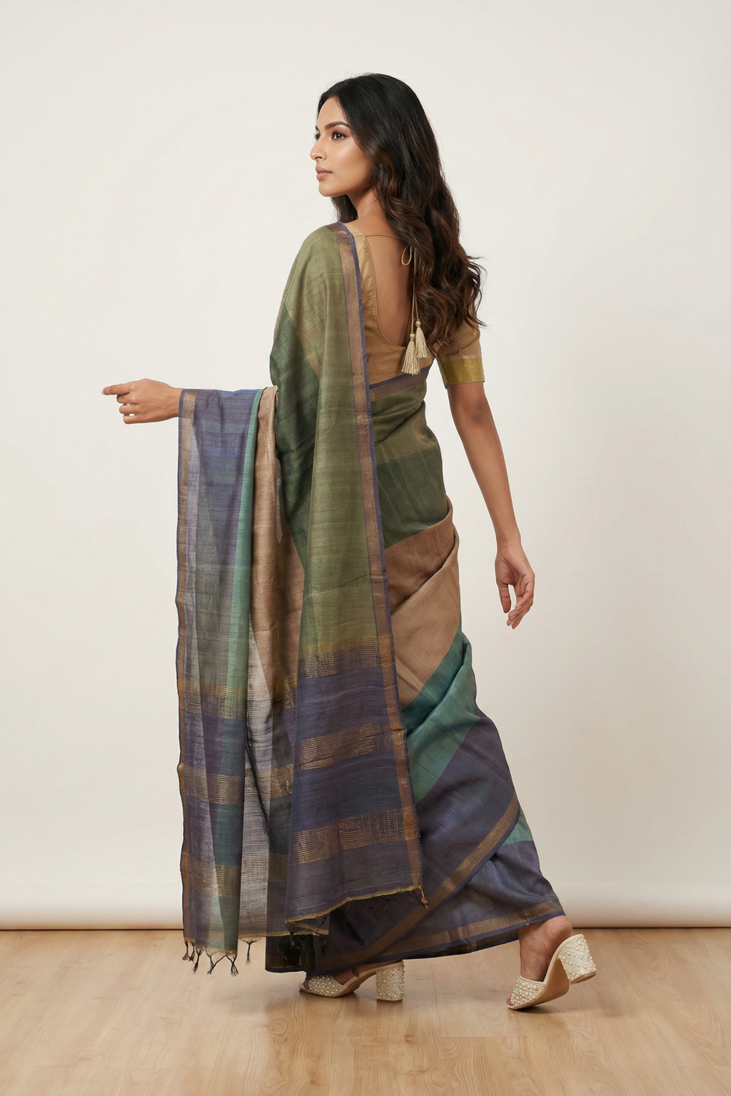 Multicolor Tussar Silk Saree with Subtle Stripe Weave