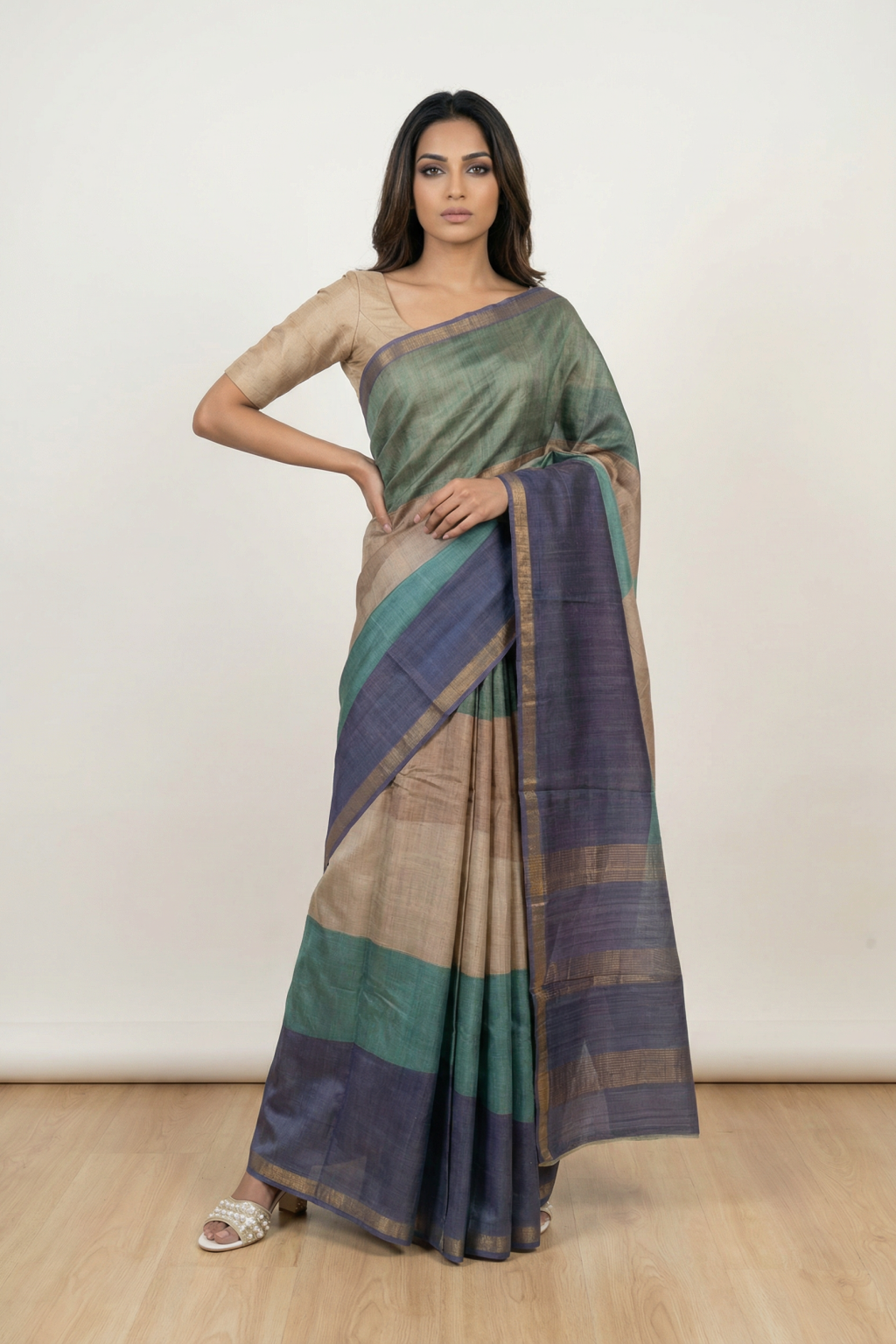 Multicolor Tussar Silk Saree with Subtle Stripe Weave