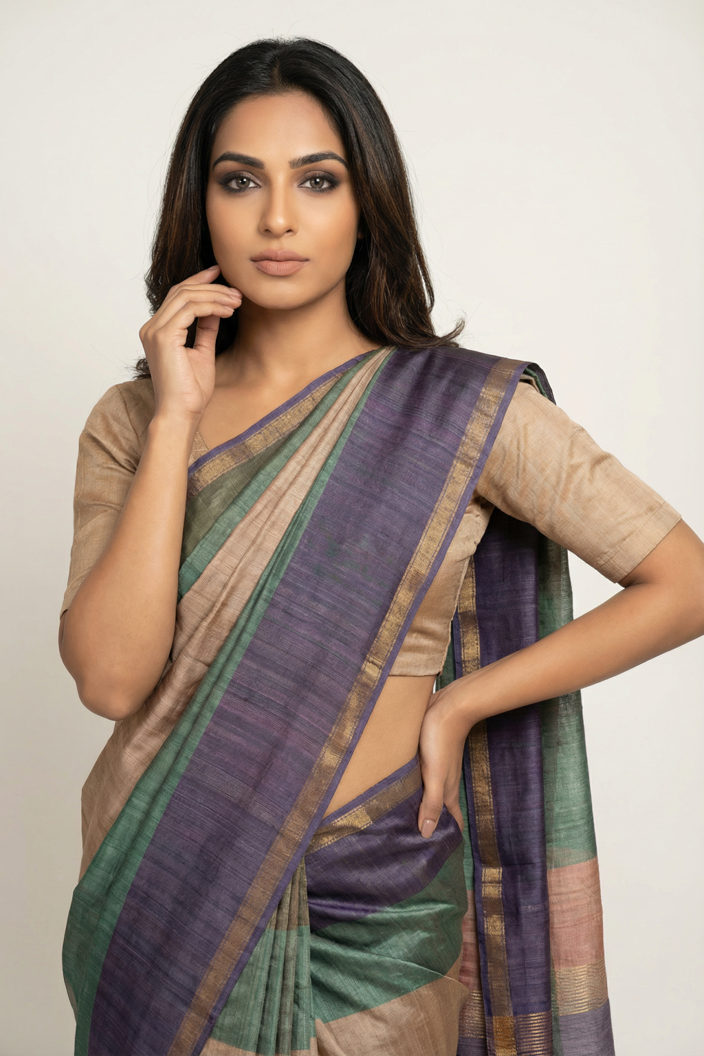 Multicolor Tussar Silk Saree with Subtle Stripe Weave