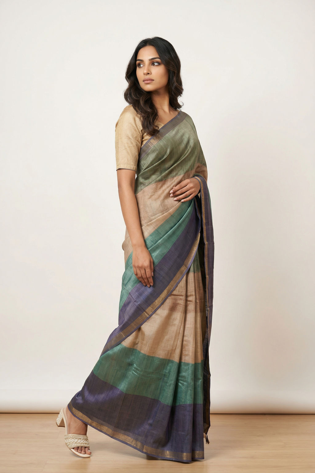 Multicolor Tussar Silk Saree with Subtle Stripe Weave