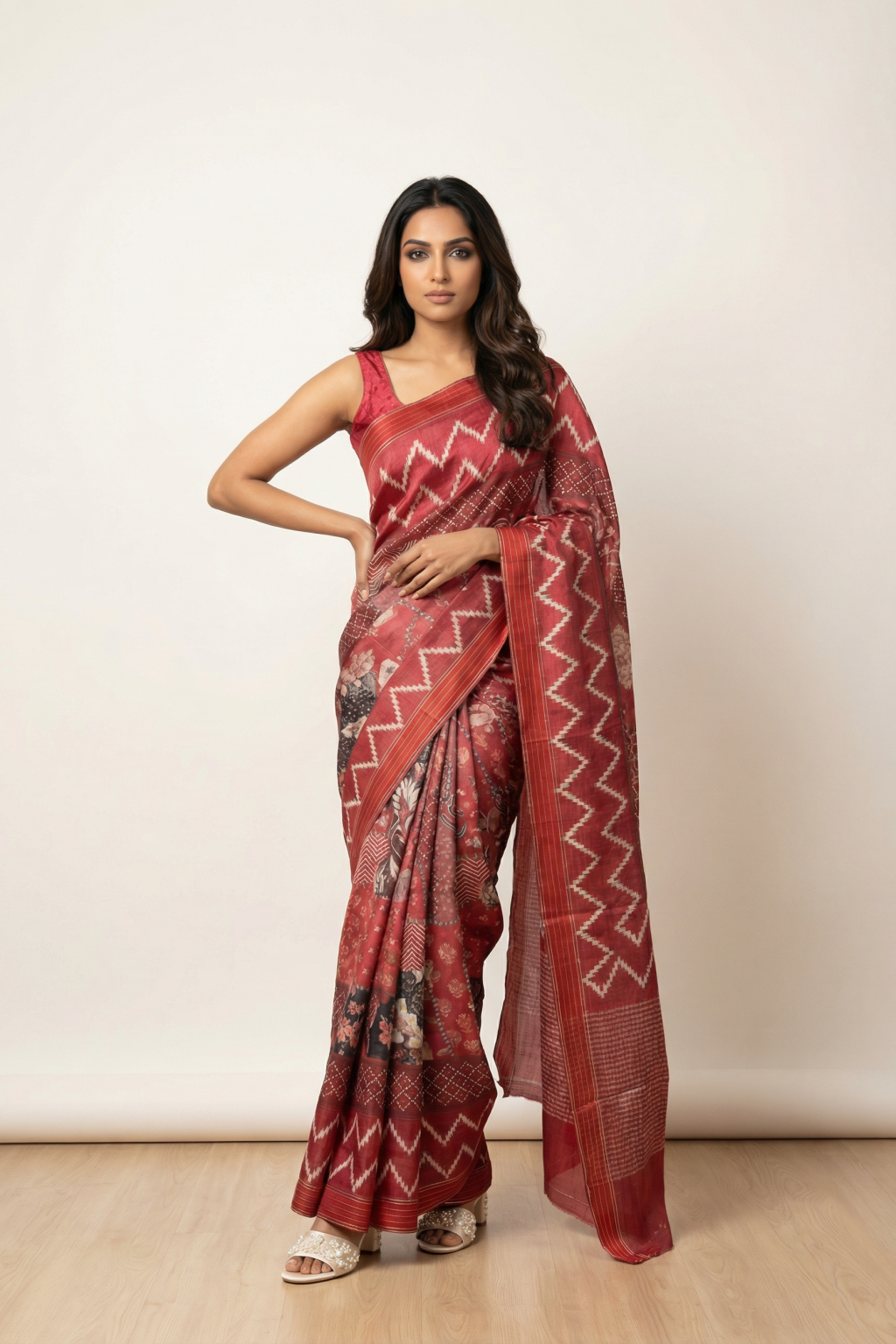 Rust Tussar Silk Saree with All Over Digital Block Print