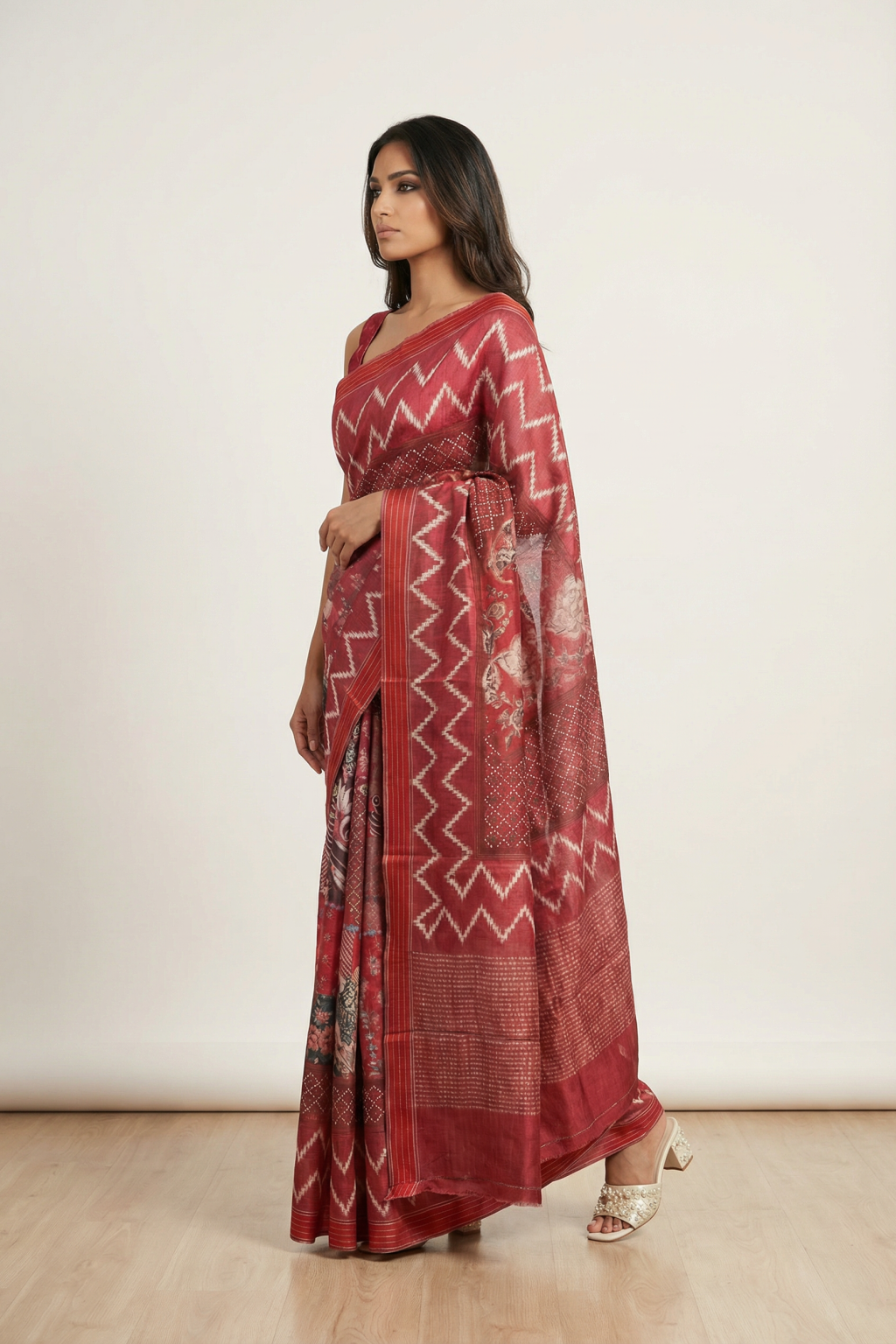 Rust Tussar Silk Saree with All Over Digital Block Print