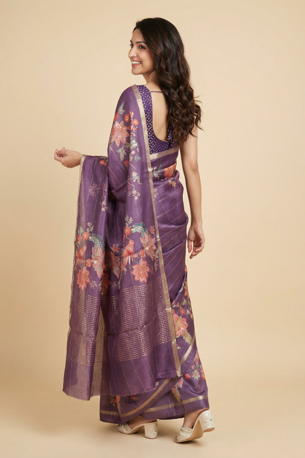 Purple Tussar Silk Saree with All-Over Floral Print