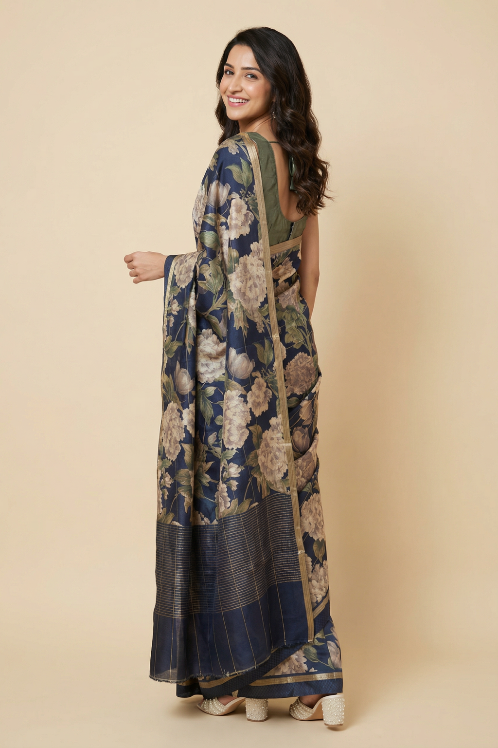 Navy Blue Tussar Silk Saree