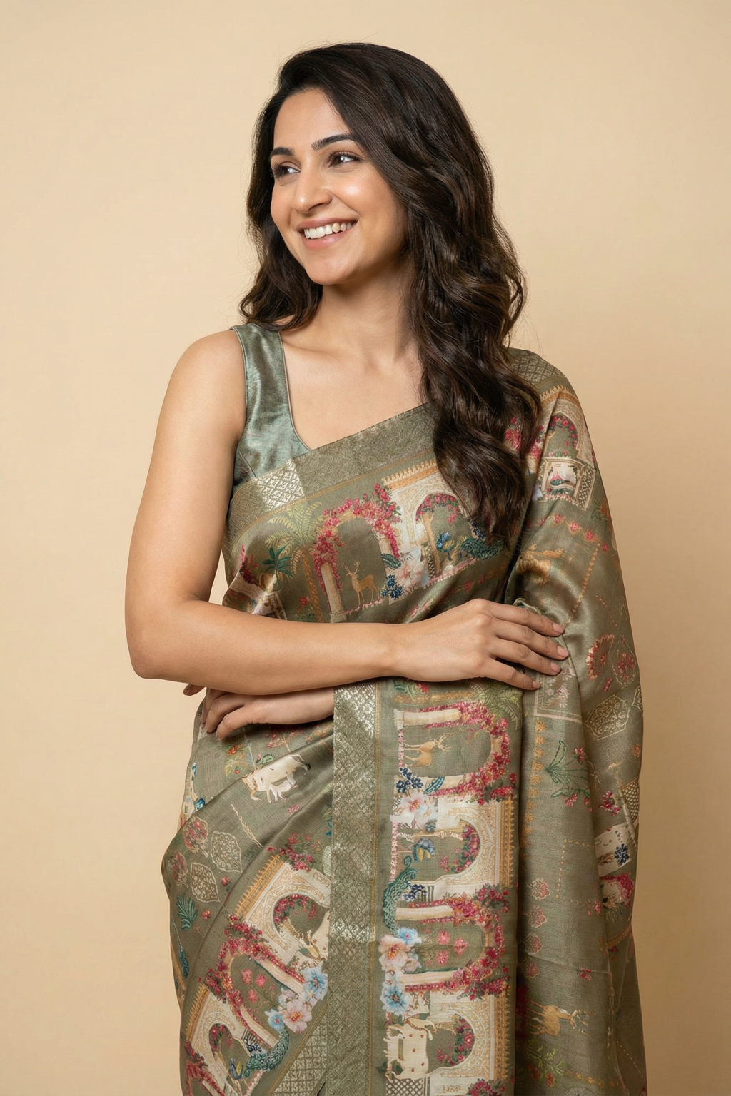 Olive Green Tussar Silk Digital Print Saree
