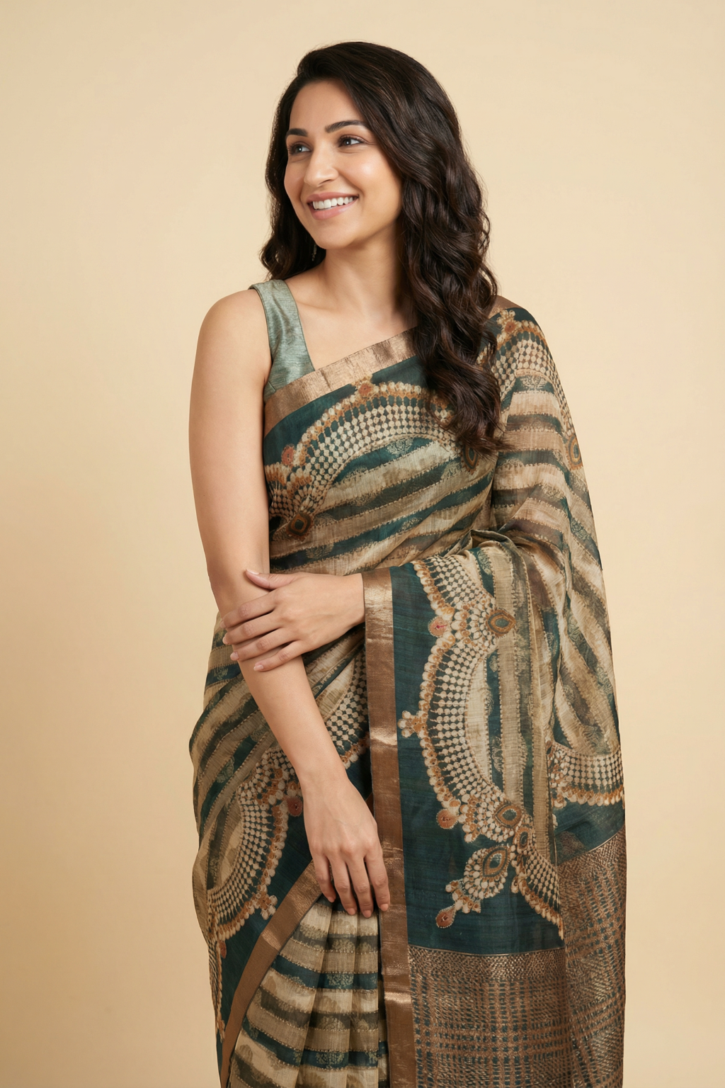 Green Tussar Silk Saree with All-Over Traditional Paisley Print