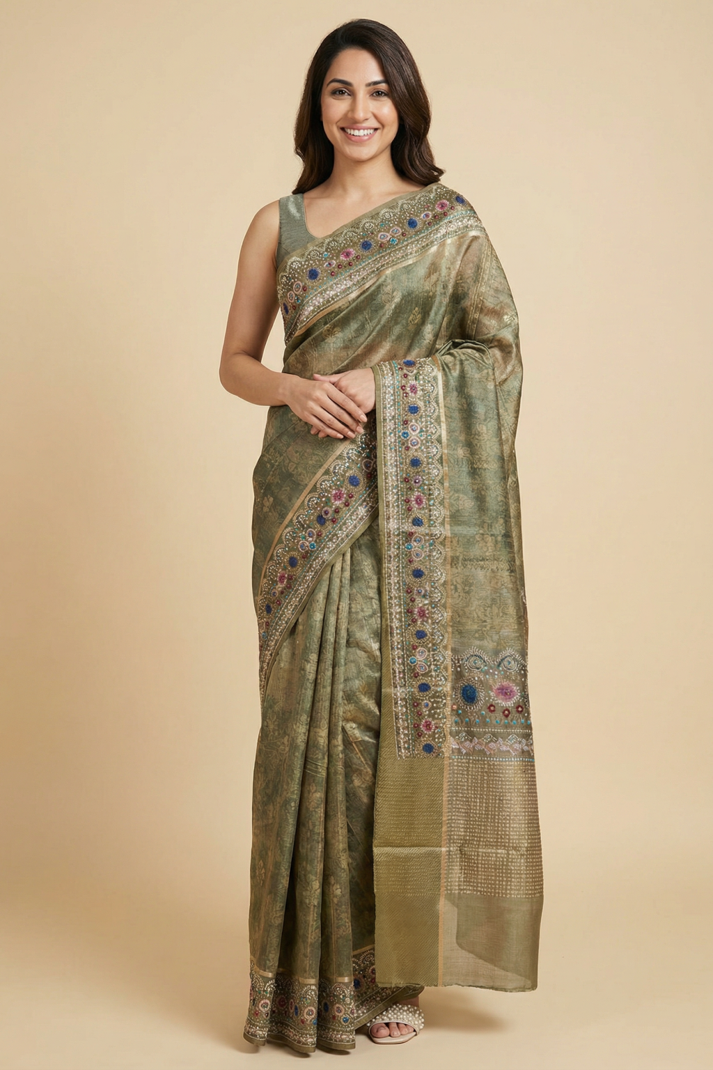 Olive Green Tussar Saree with Multicolor Border