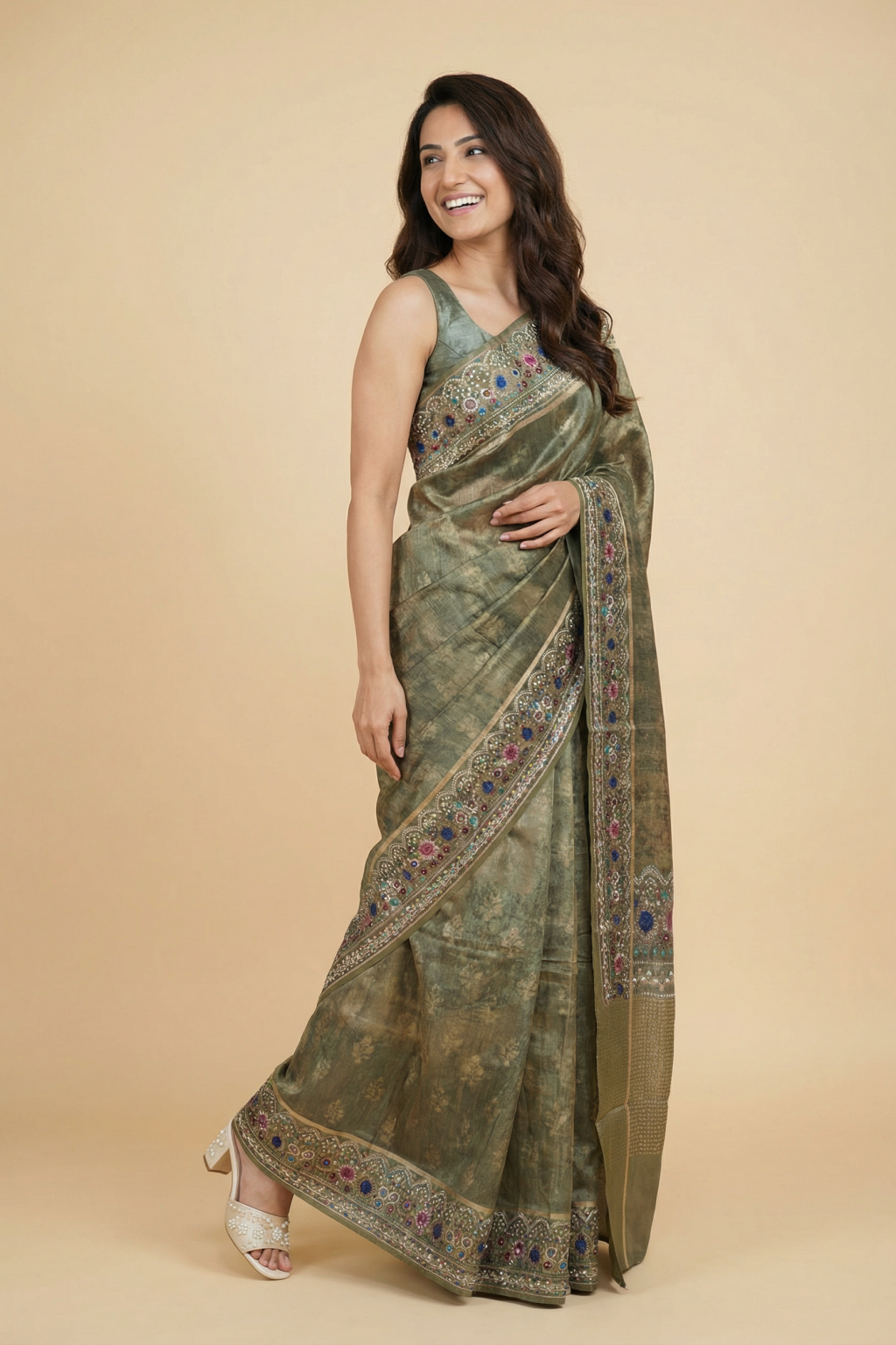 Olive Green Tussar Saree with Multicolor Border