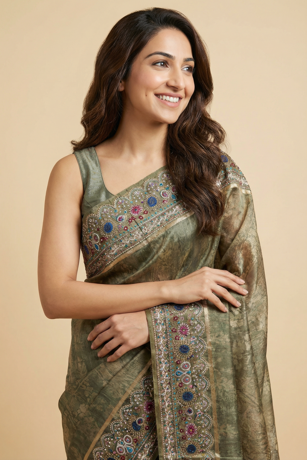 Olive Green Tussar Saree with Multicolor Border