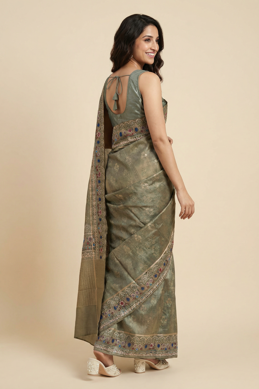 Olive Green Tussar Saree with Multicolor Border