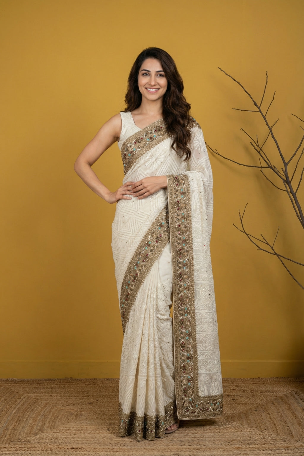 Cream Georgette Saree with Lucknowi Chikankari & Zardozi Border - Mokshaa