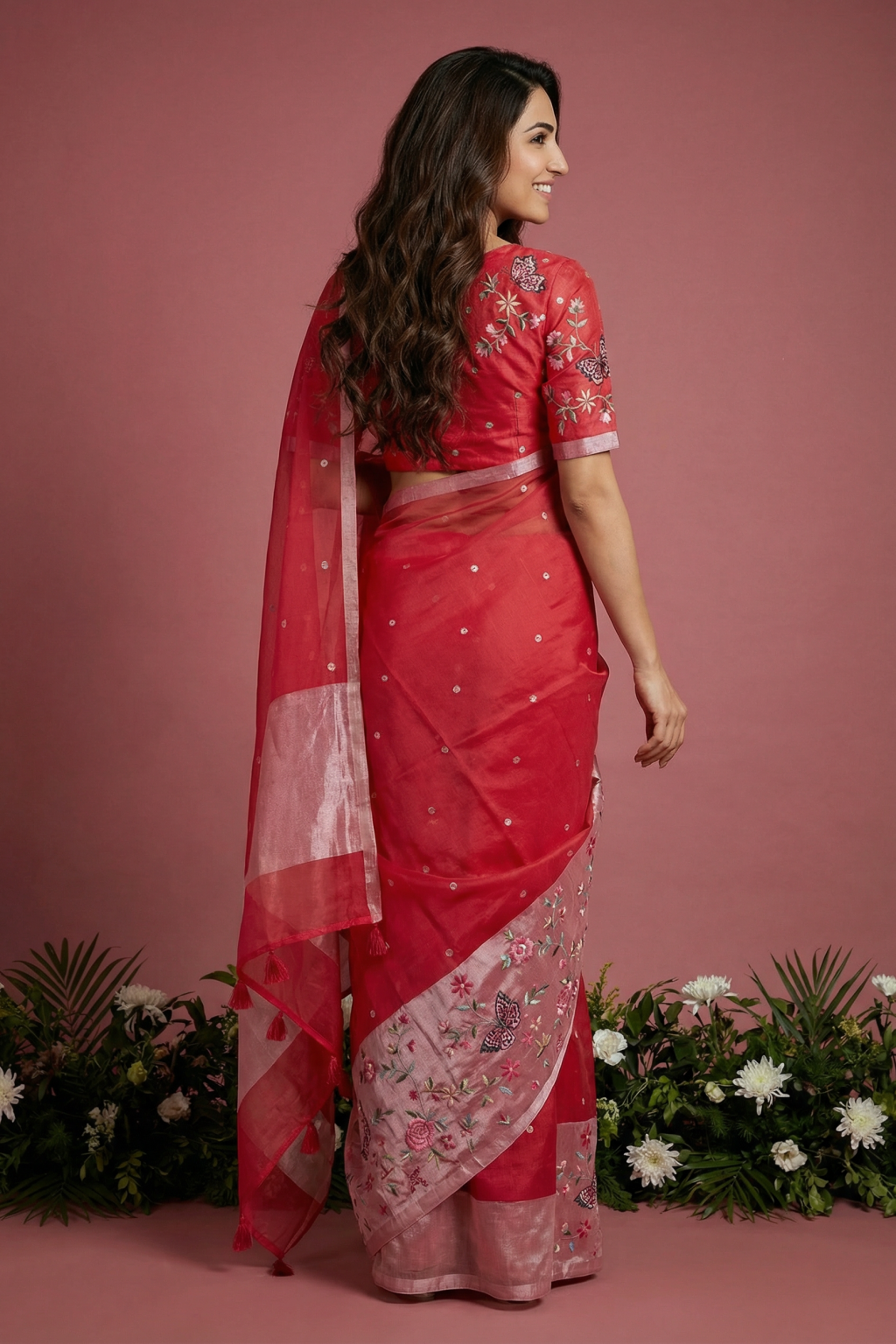 Red Organza Saree with Floral and Butterfly Embroidered Tissue Border