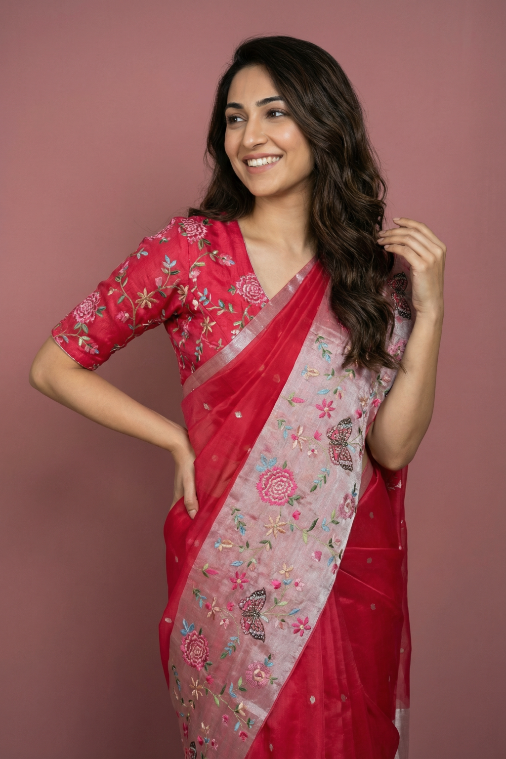 Red Organza Saree with Floral and Butterfly Embroidered Tissue Border