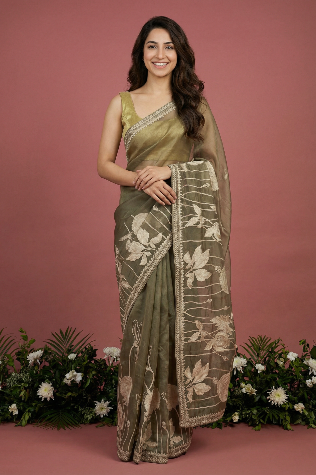 Dusty Brown Embroidered Organza Saree - Mokshaa