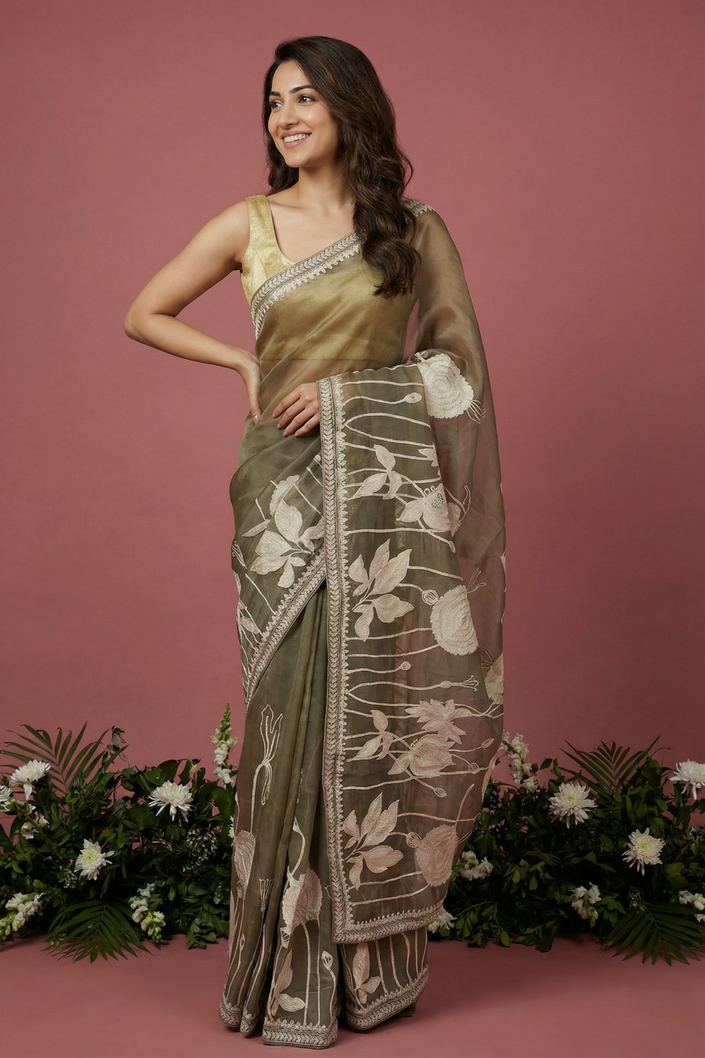 Dusty Brown Embroidered Organza Saree - Mokshaa