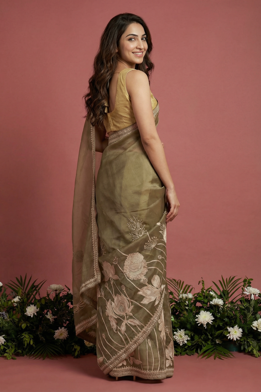 Dusty Brown Embroidered Organza Saree - Mokshaa