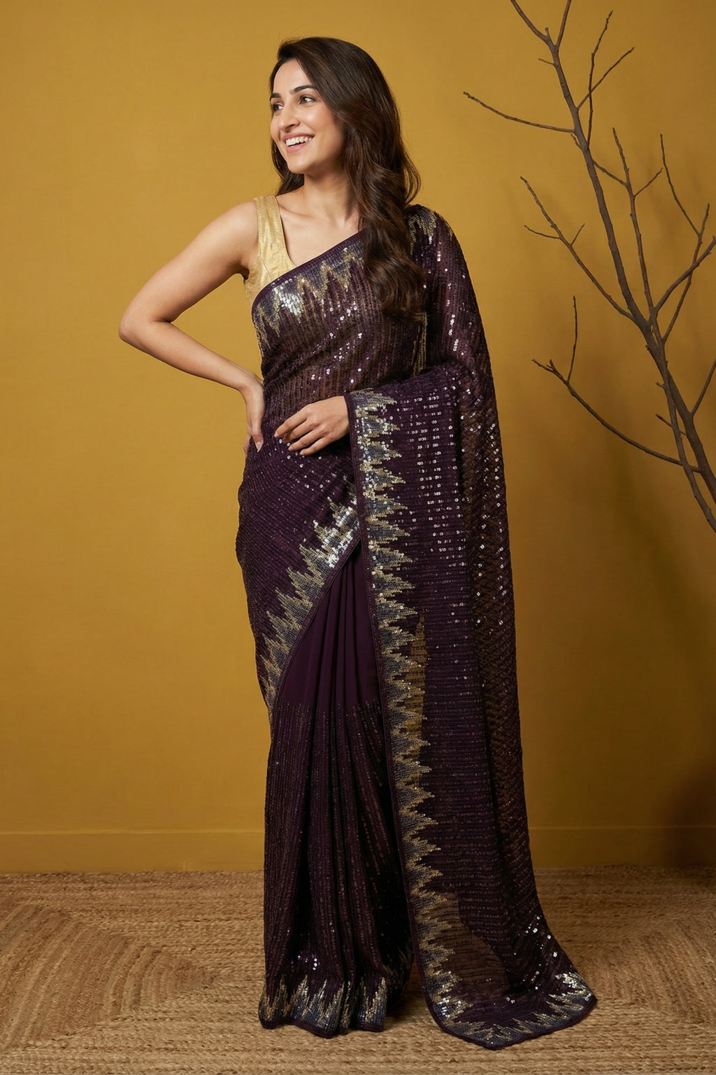 Dark Wine Georgette Saree with All-Over Sequins Work - Mokshaa