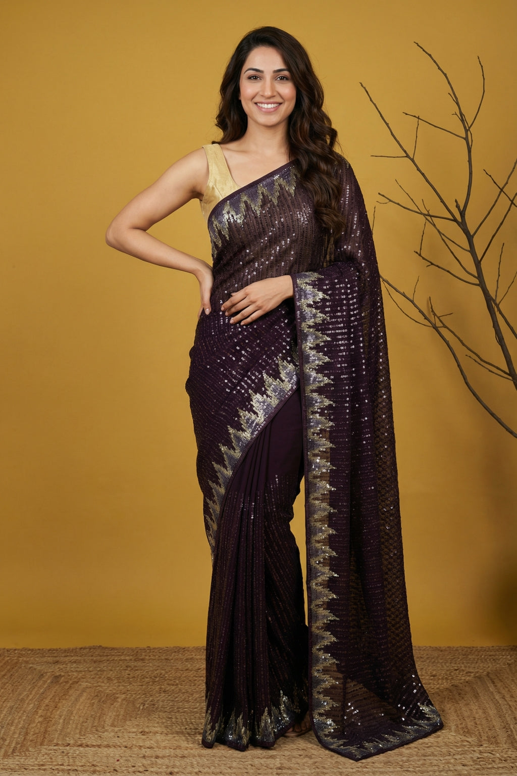 Dark Wine Georgette Saree with All-Over Sequins Work - Mokshaa