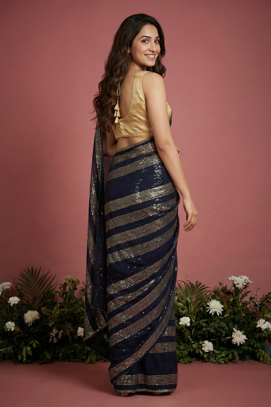 Blue Georgette Saree with Gold Sequin Work - Mokshaa