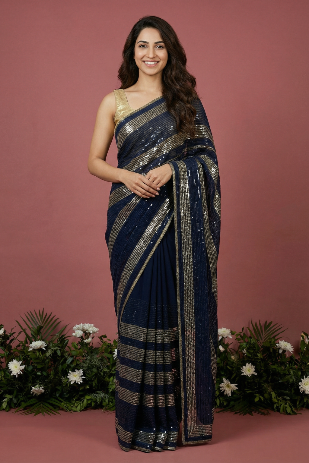 Blue Georgette Saree with Gold Sequin Work - Mokshaa