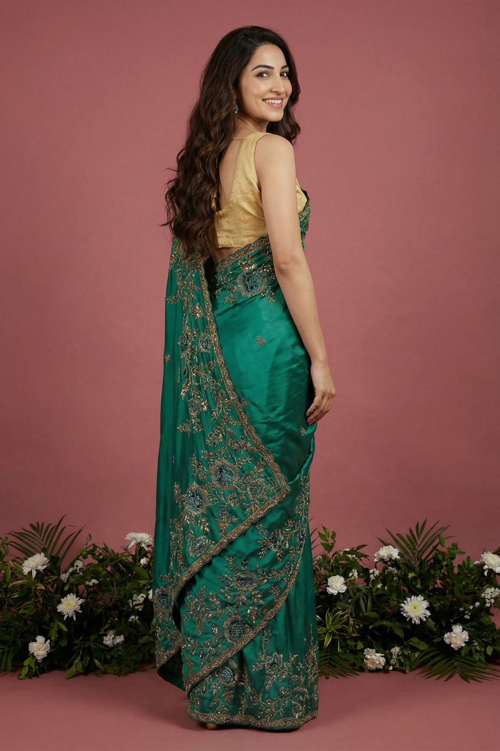 Green Satin Saree with Zardosi & Cutdana Embroidery - Mokshaa