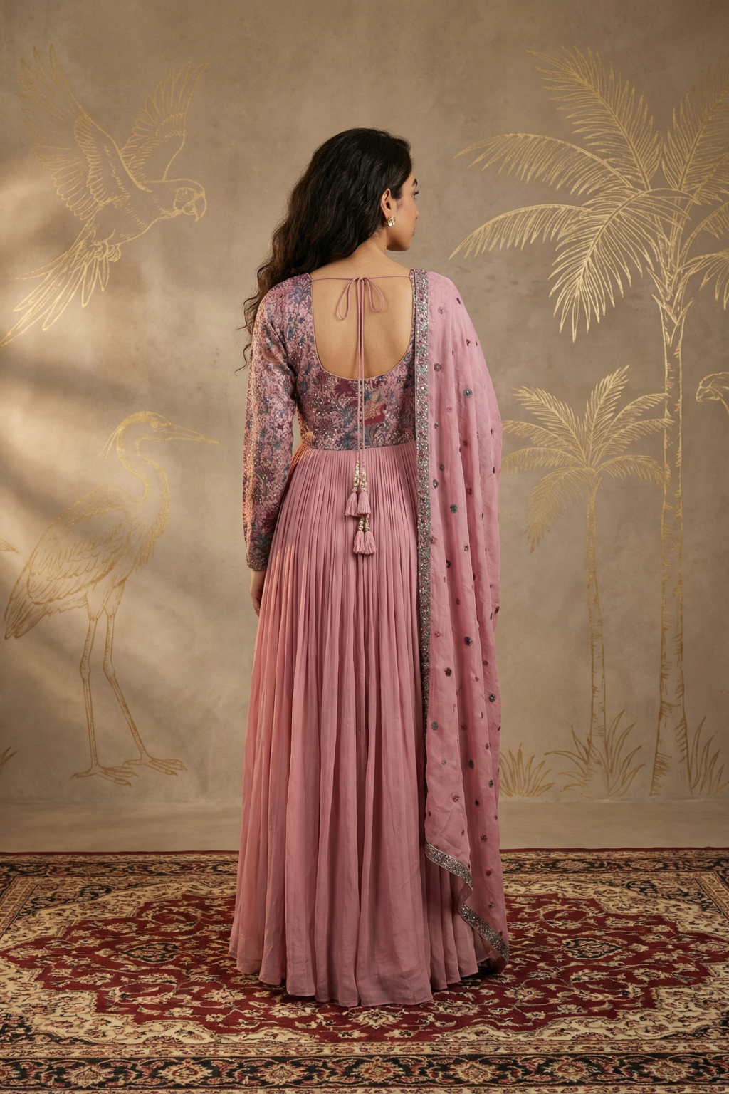 Dusty Pink Georgette Anarkali Set with Multicolour Thread & Sequin Embroidery - Mokshaa