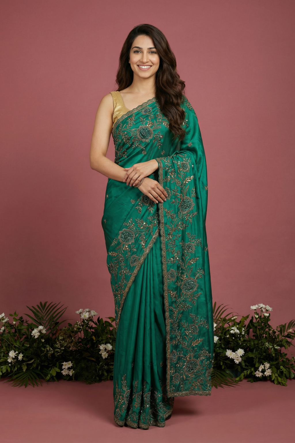 Green Satin Saree with Zardosi & Cutdana Embroidery - Mokshaa
