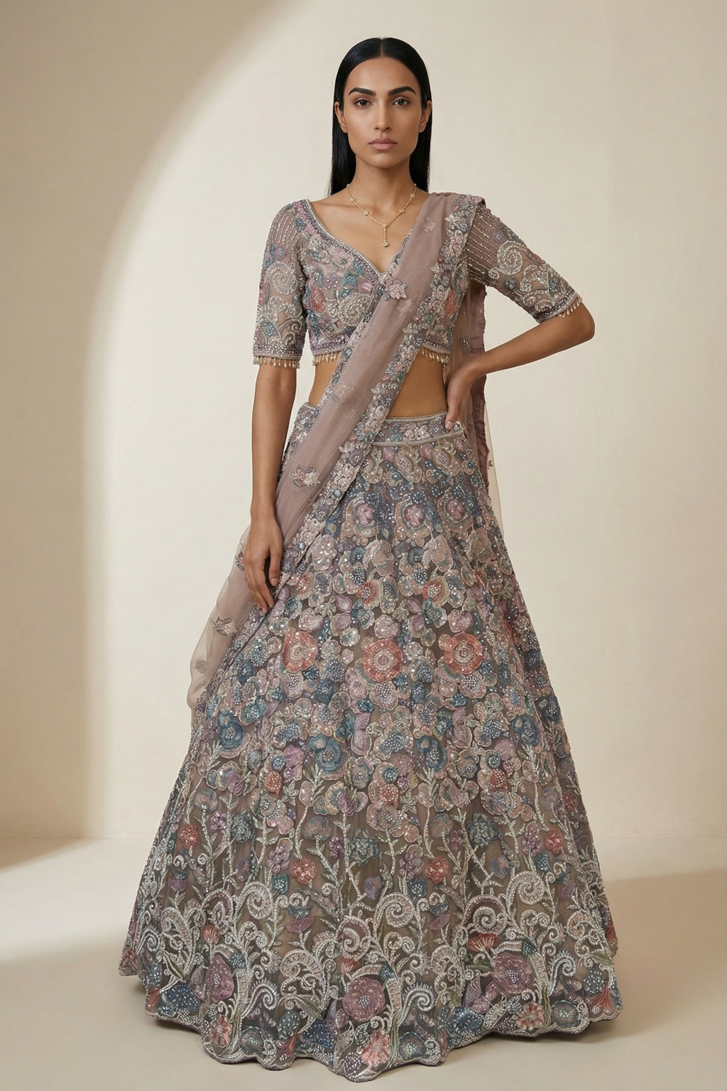 Blush Net Lehenga Set with Multicolour Floral Embroidery