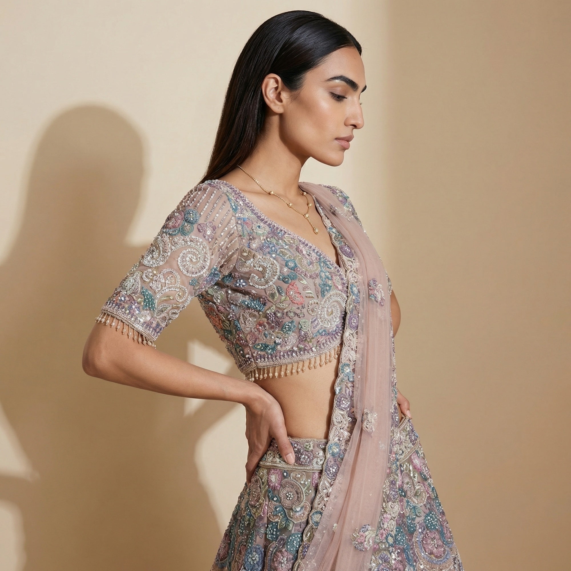 Blush Net Lehenga Set with Multicolour Floral Embroidery