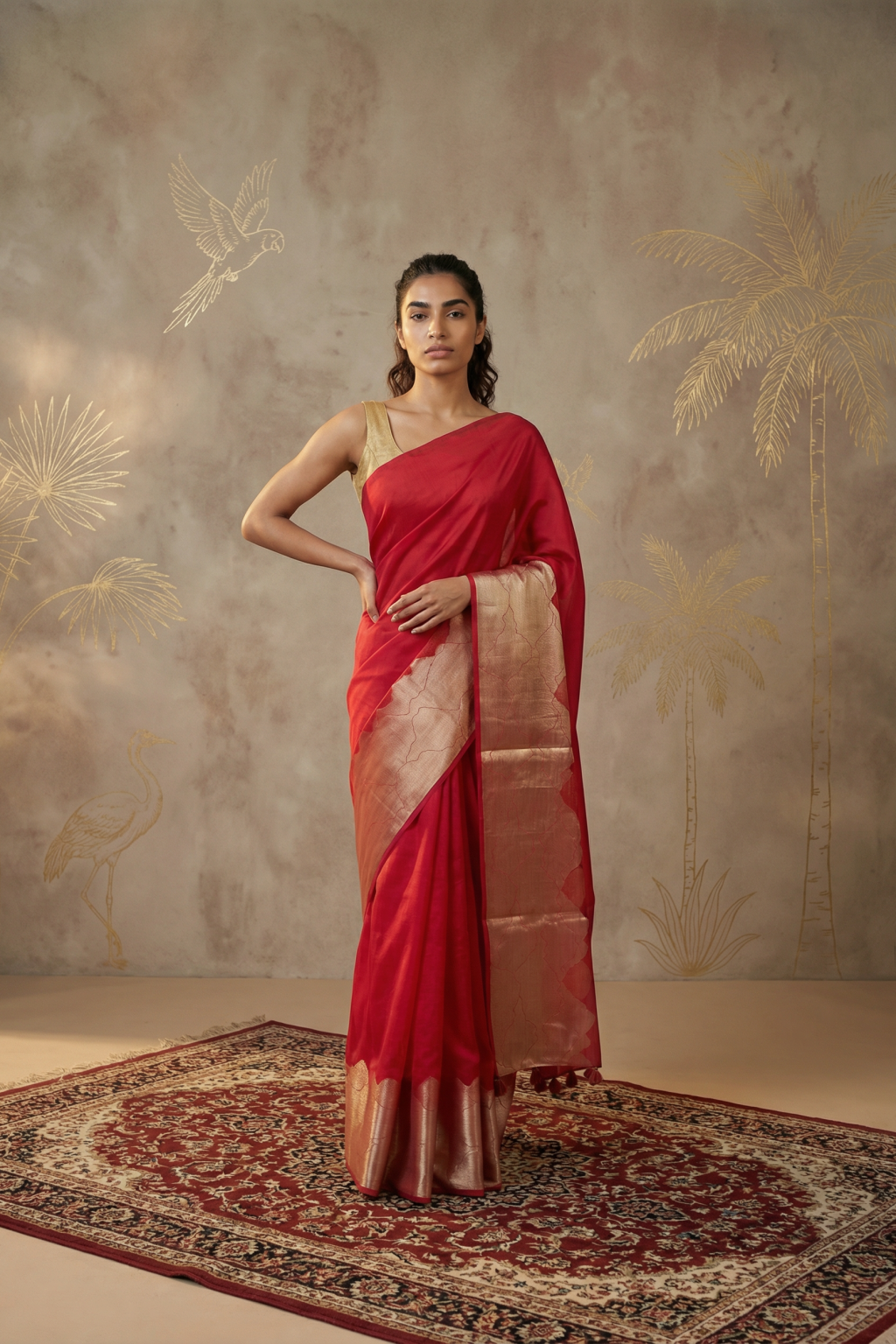 Red Chanderi Silk Saree with Elegant Zari Border