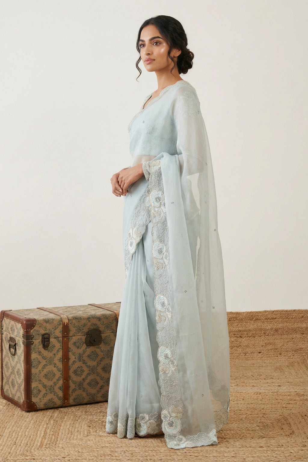 Sea Blue Organza Saree with Pearl & Sequin Border - Mokshaa