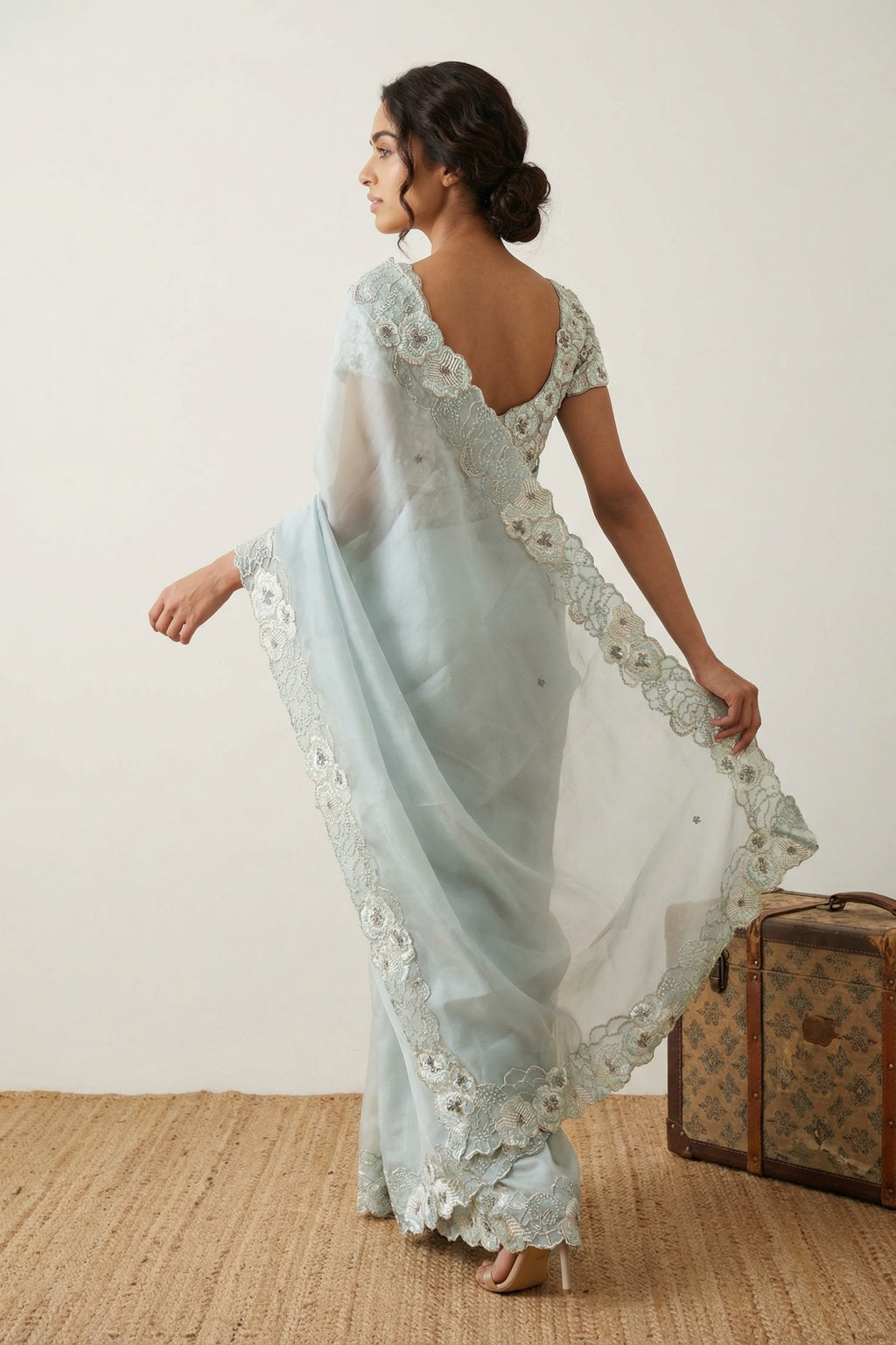 Sea Blue Organza Saree with Pearl & Sequin Border - Mokshaa