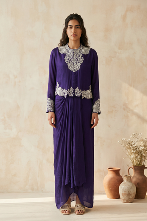 Purple Georgette Top & Drape Skirt Set - Mokshaa