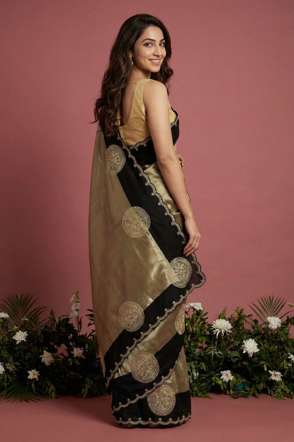 Gold Black Tissue Saree with Zardosi & Sequin Embroidery - Mokshaa