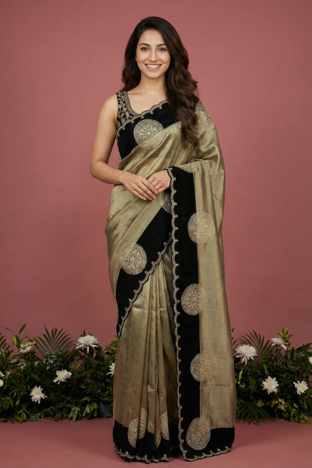 Gold Black Tissue Saree with Zardosi & Sequin Embroidery - Mokshaa