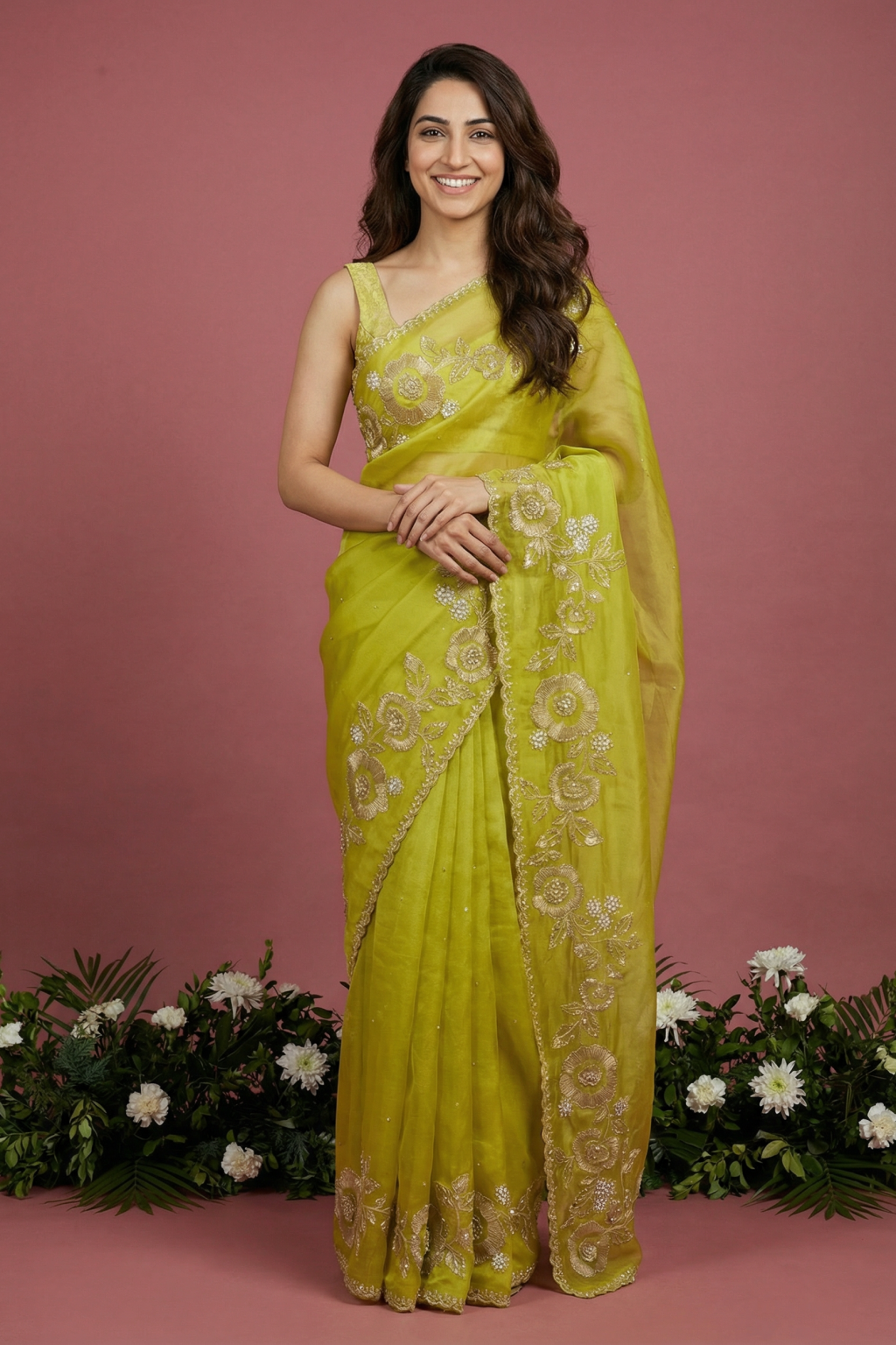 Greenish Yellow Organza Saree with Zari Highlight Applique Embroidery