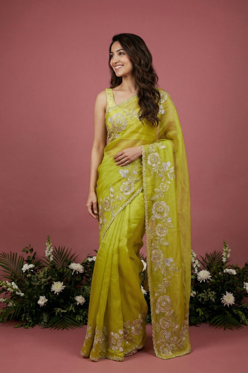 Greenish Yellow Organza Saree with Zari Highlight Applique Embroidery