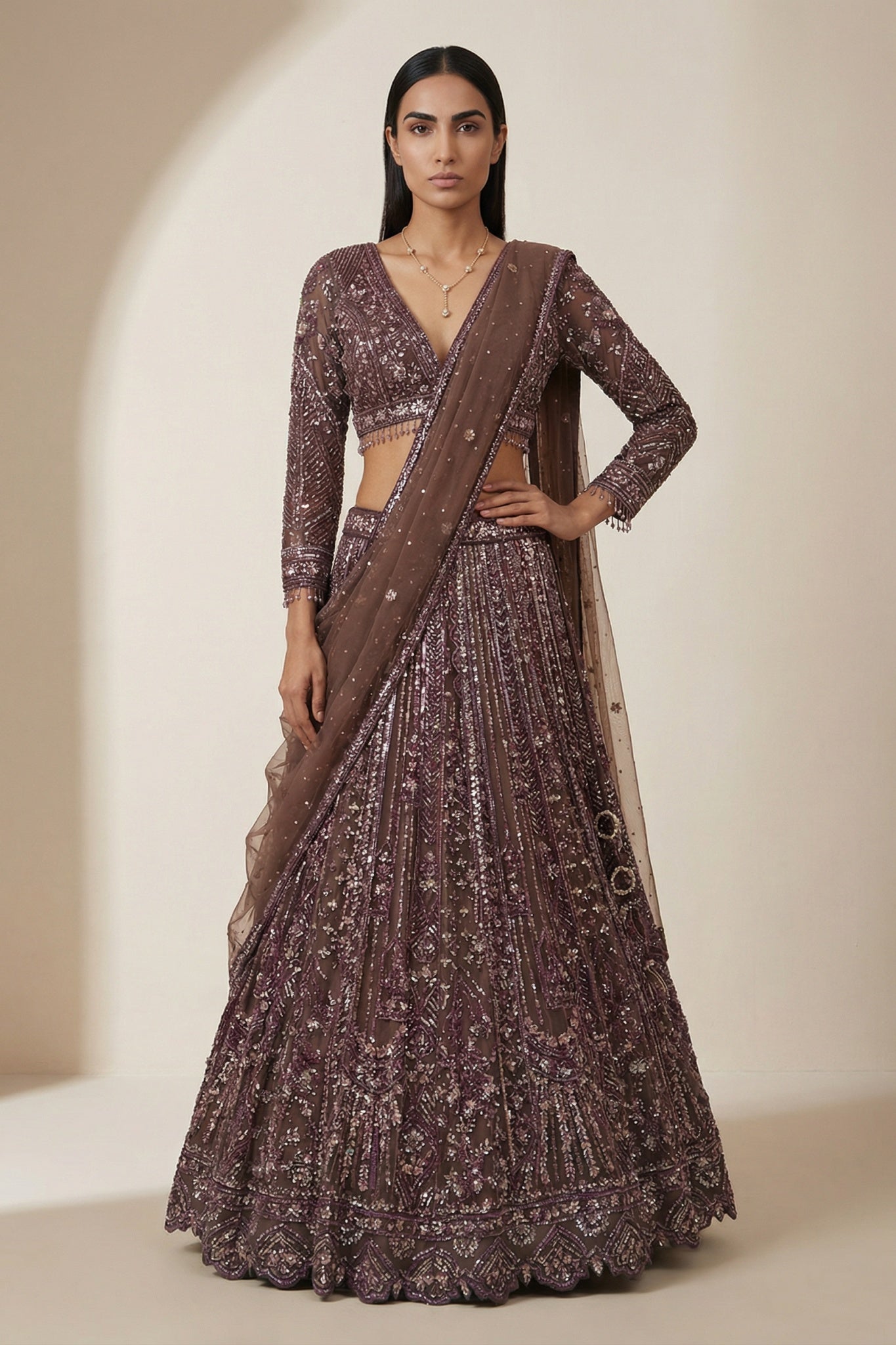 Deep Brown Net Lehenga Set