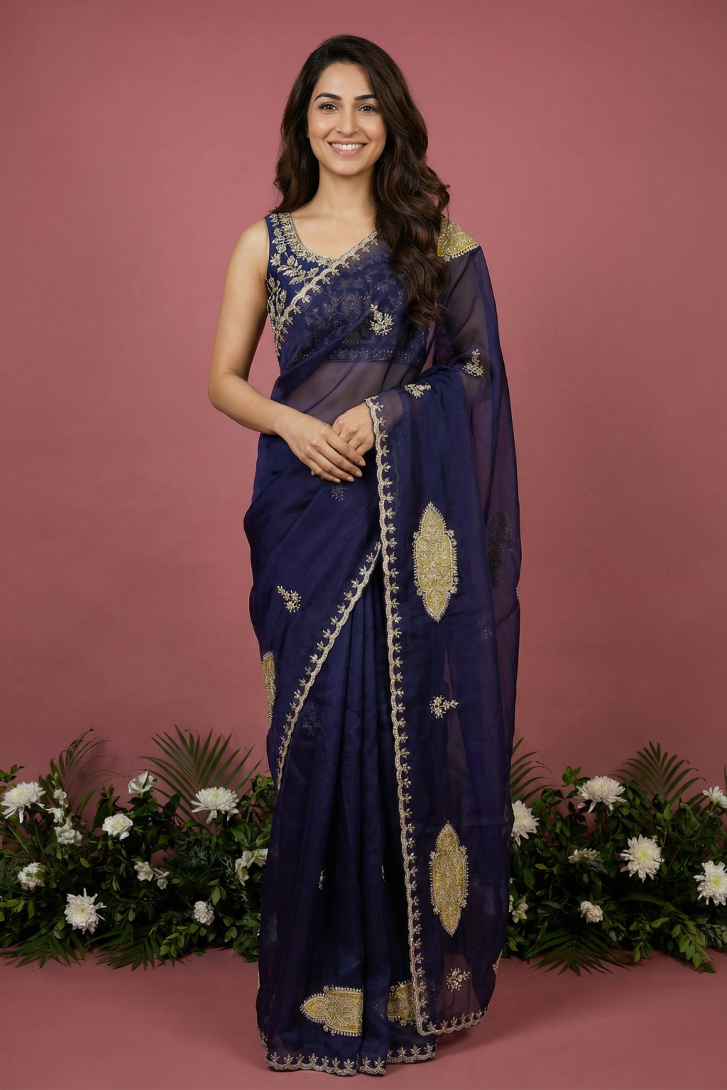 Dark Purple Organza Saree with Appliqué & Pita Zari Work