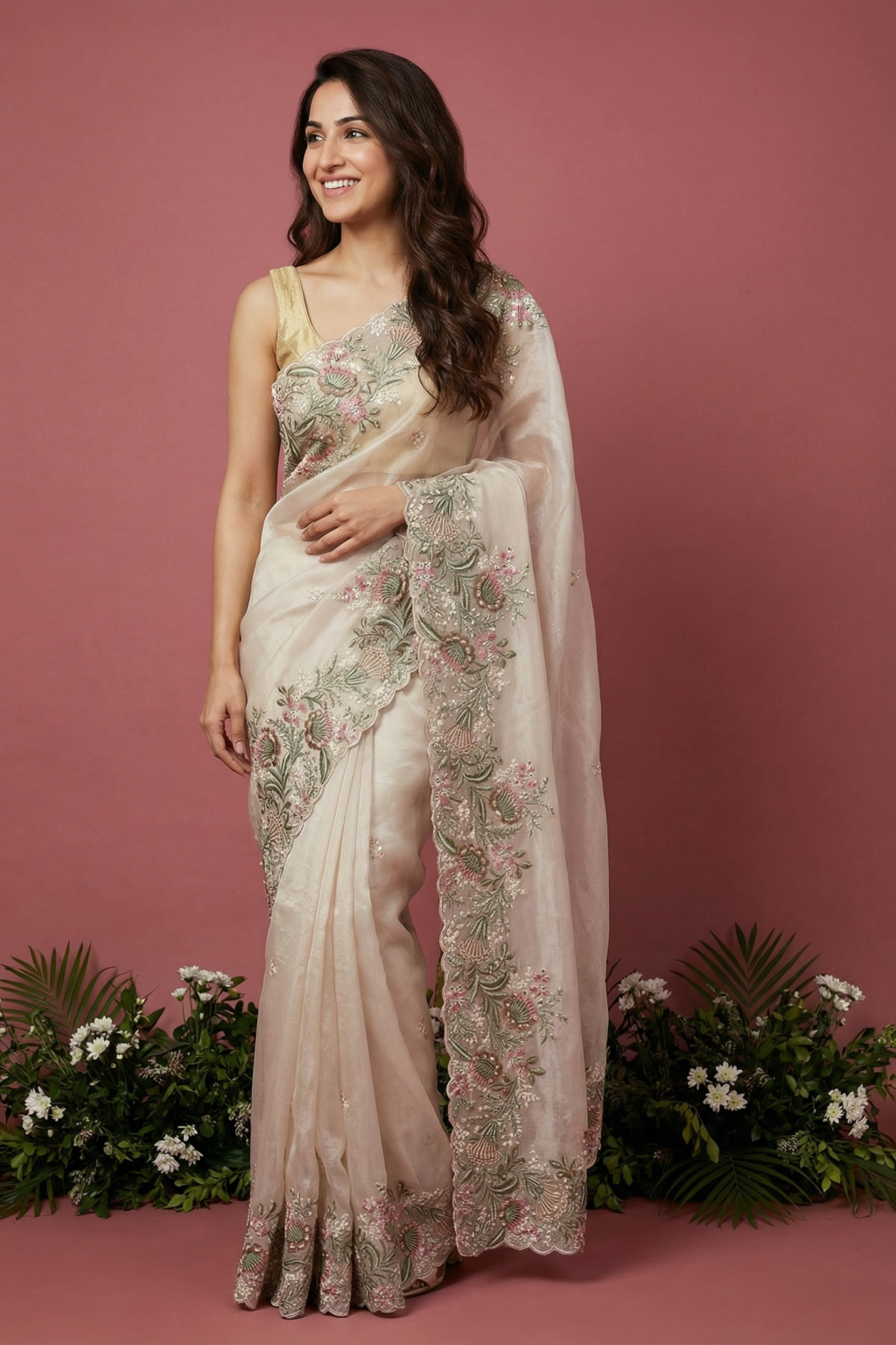 Off White Tissue Organza Saree with Floral Embroidery Border and Butta Work