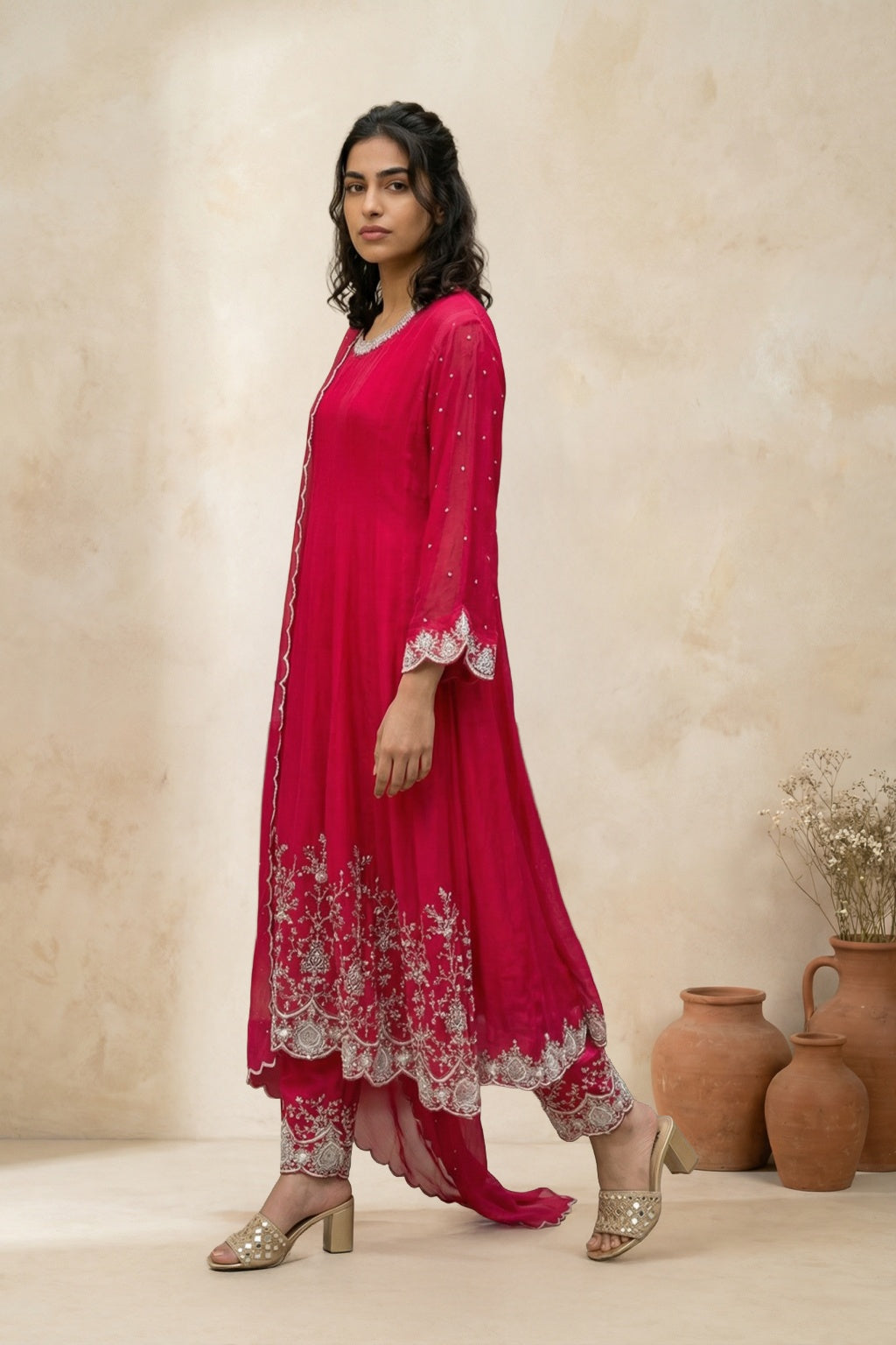 Red Crepe Chiffon Anarkali Set