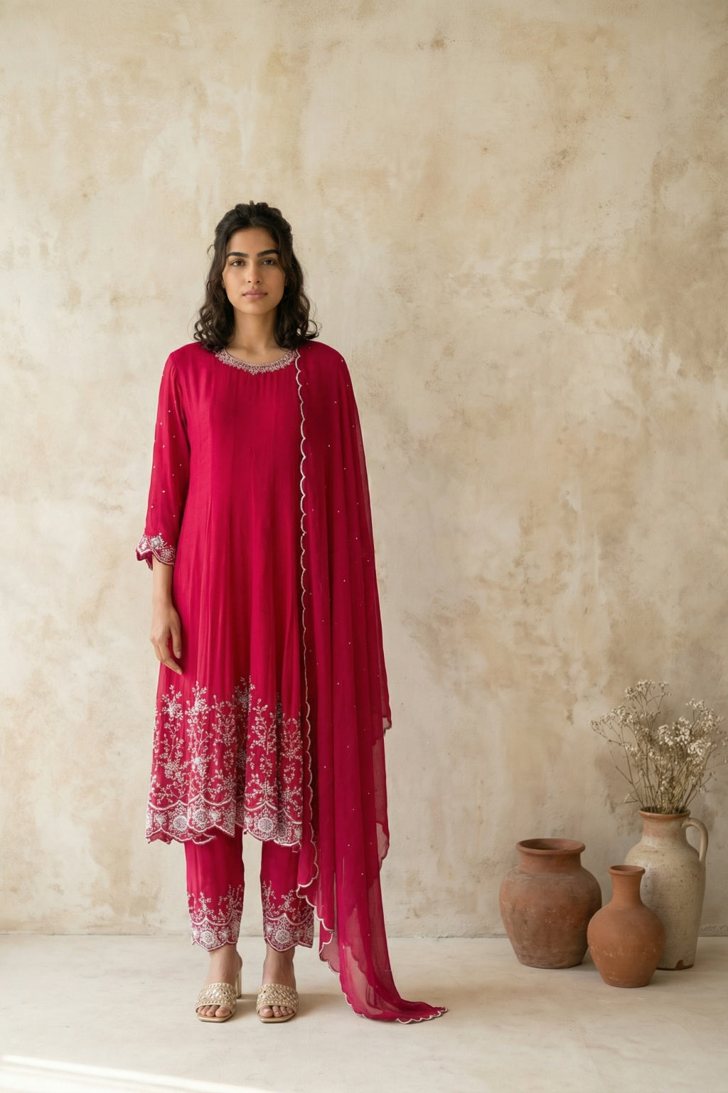 Red Crepe Chiffon Anarkali Set