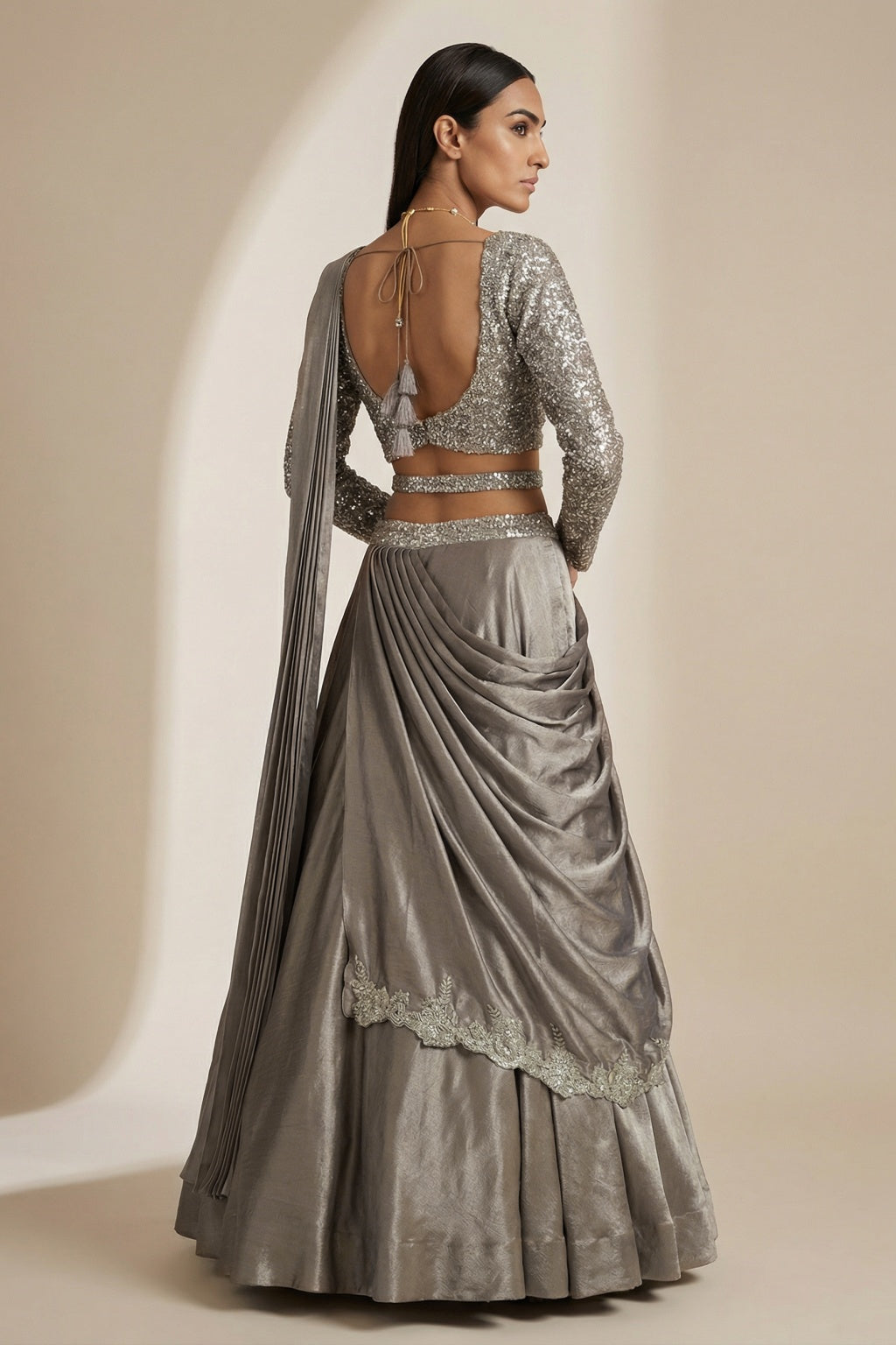 Champagne Silk Draped Lehenga with Contemporary Belt Detail