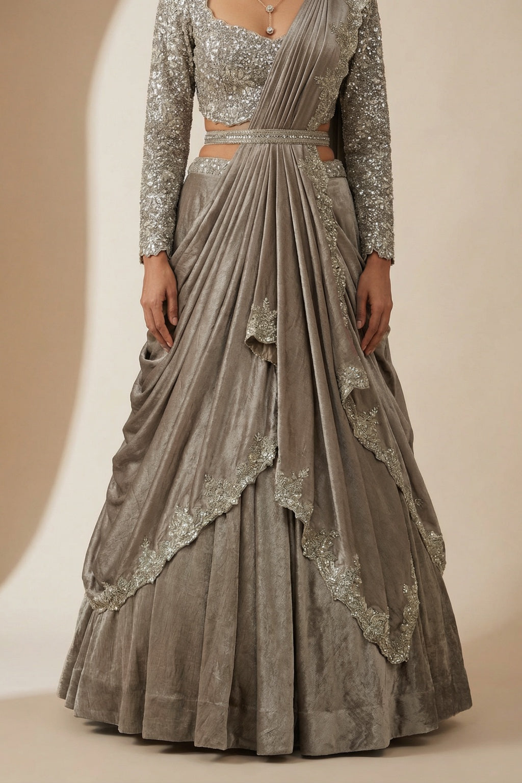 Champagne Silk Draped Lehenga with Contemporary Belt Detail - Mokshaa