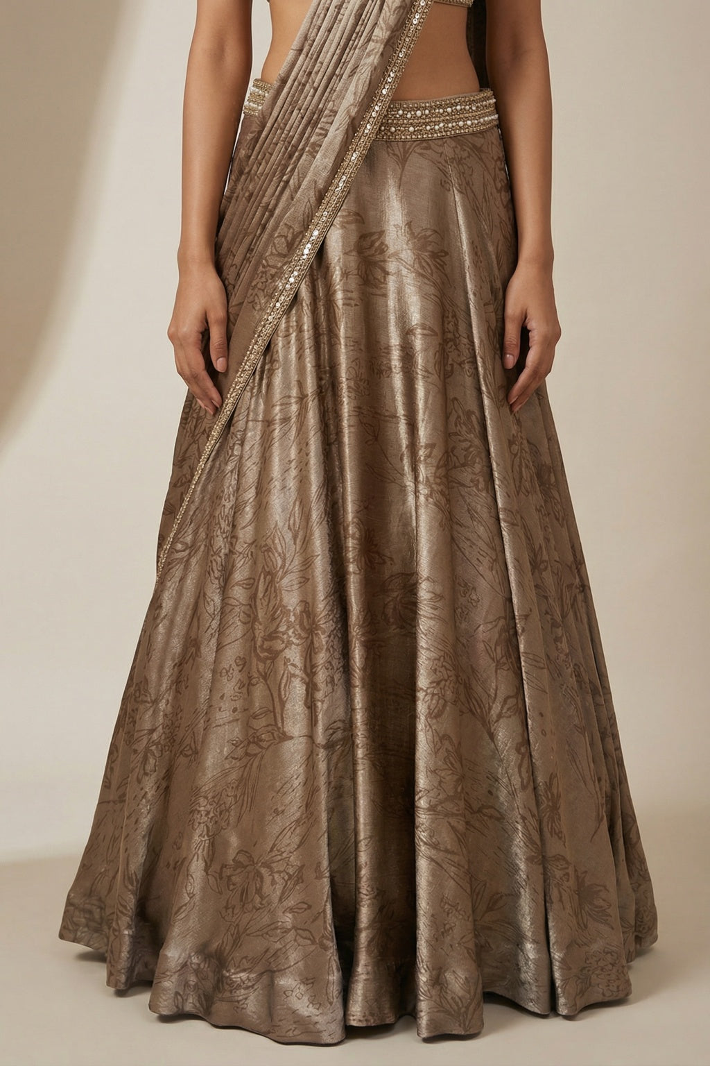 Gold Printed Silk Lehenga set - Mokshaa